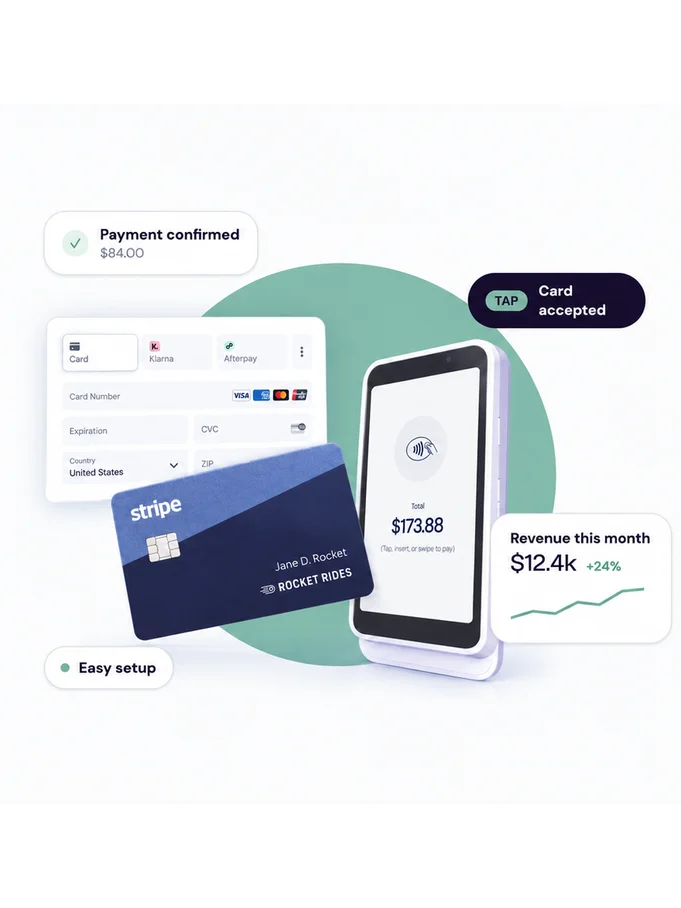 Card reader, Stripe card and checkout form with payment status chips