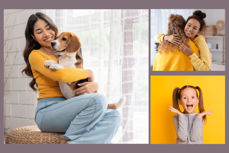 Looking to boost your mood? Lessen stress by hugging a friend, playing with a pet, or spending time with family