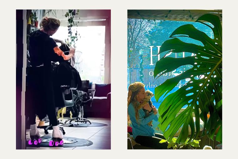 Salon owner and solo stylist Jenna Morehouse cuts hair and hugs her dog at KUSH Hair Salon in Davenport, Iowa