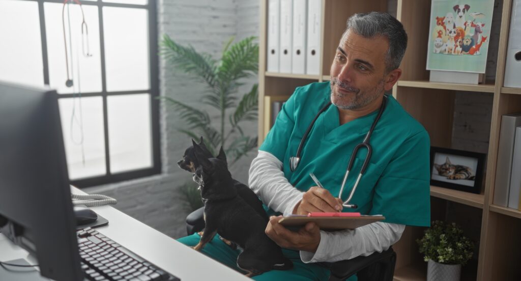 Middle-aged hispanic man vet at a veterinary clinic with two chihuahuas sitting on his lap, writing on a clipboard.